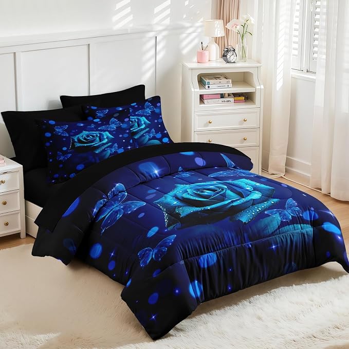 Nesker 7 Pcs Comforter Set King Size, Blue Rose Floral Flower Bedding Set for Kids and Adults, Romantic Valentine Bed Sheet Sets with Fitted Sheet 2 Pillowcases & 2 Shams