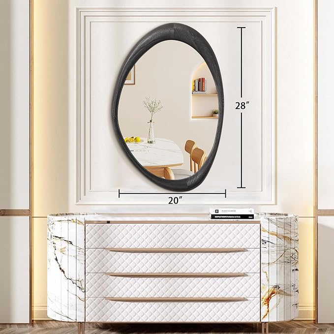 AAZZKANG Irregular Wall Mirror 28"x20" Black Asymmetrical Wall Mounted Mirrors Modern Wood Frame Mirror Large for Bathroom Bedroom Living Room Entryway