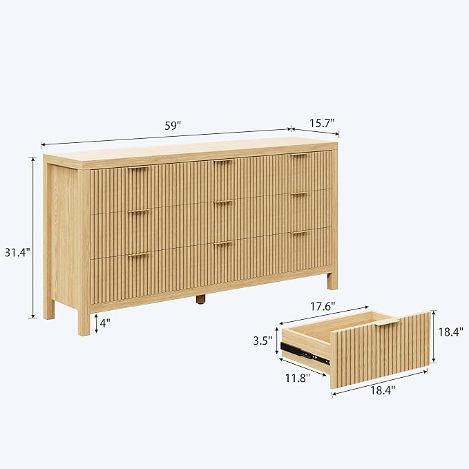 ZXSHD 9 Drawers, Modern Large Chest Mid Century Modern Dresser TV Stand, Storage Organizer Dresser with Solid Natural Wood Legs for Bedroom, Living Room, Hallway, Natural Oak