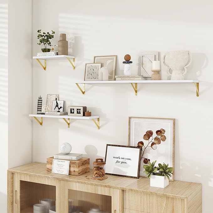 Dreamland Deep Floating Shelves for Wall, 30W x 8D Wall Shelves, Set of 2, 30 inch Floating Shelf with Sturdy Metal Brackets for Living Room, Bathroom, Bedroom and Kitchen, White with Gold Brackets