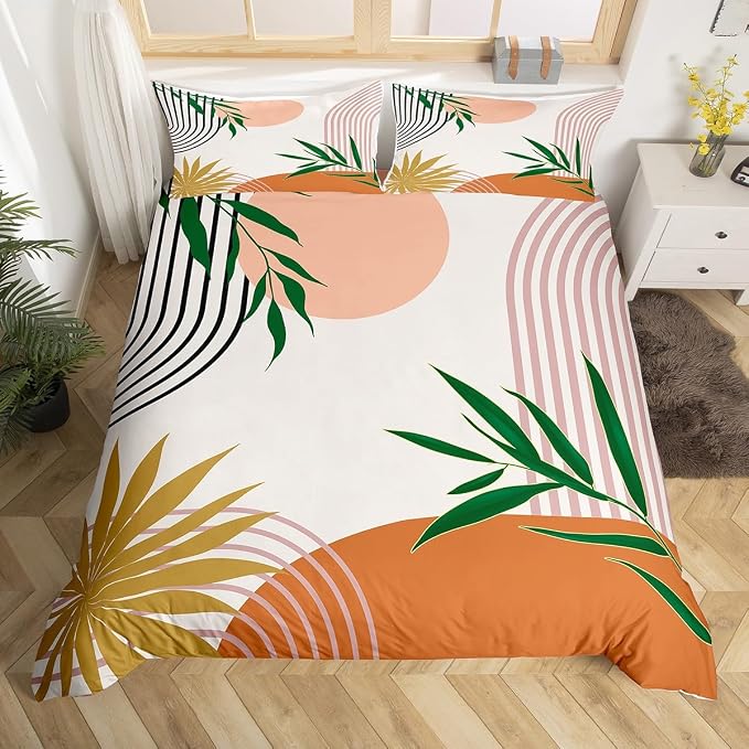 Erosebridal Geometric Leaves Comforter Cover King for Kids Teens Adults,Abstract Modern Brown Duvet Cover,Botanical Minimalist Bedding Set,Mid Century Aesthetic Bed Set 3 Pcs Bedroom Decor