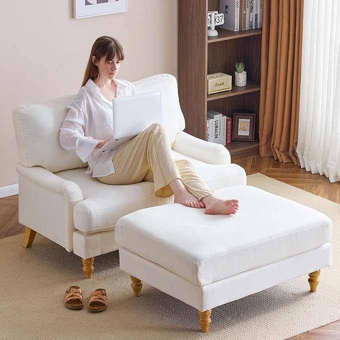 Bezseller Oversized Chair Indoor with Ottoman, 46" W Upholstered Armrest Sofa, Big Comfy Lounge Sofa Deep Seat Sleeper Chair for Living Room, Apartment, Bedroom, Reading Room(Beige)