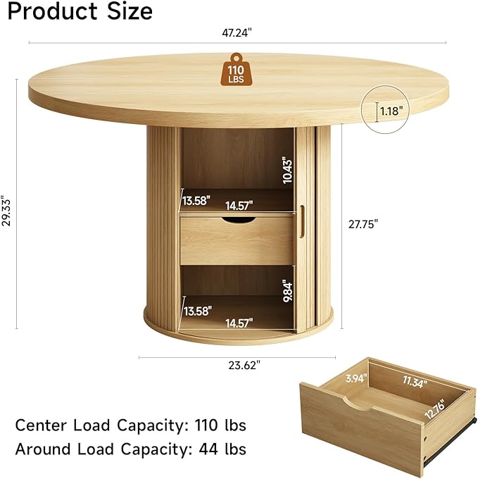 47 inch Round Dining Table for 4, Circle Kitchen Table with 2-Layer Storage Shelf and a Drawer, Modern Farmhouse Dinner Tables with Sliding Door and Wood Strip Base for Kitchen, Living Room (Oak)