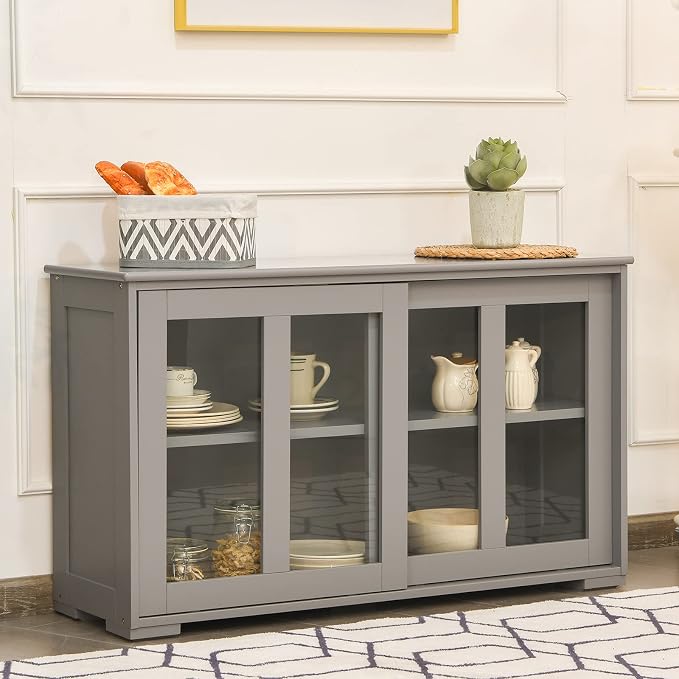 Giantex Buffet Sideboard, Wood Credenza with Sliding Doors, Storage Cabinet with Adjustable Shelf, Modern Console Table, Kitchen Cupboard, Buffet Pantry, Living Room Dining Room Furniture (Gray)
