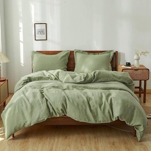 Simple&Opulence 100% Linen Duvet Cover Set 3pcs Natural French Basic Style Washed Flax Solid Color Breathable Soft Farmhouse Bedding with Button Closure (Sage Green, Full)