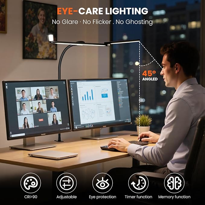LED Desk Lamp for Office Home, 3 Head Adjustable Computer Monitor light Bar Stepless Dimming, Eye Caring Architect Desk Lamp Table Lamp Clip on Desk Light with Clamp for Reading Study Workbench Black