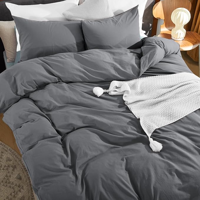 NEXHOME PRO Cotton Duvet Cover Set King Size Linen Look Textured Organic Natural 100% Washed Cotton Duvet Cover 3 Pieces Bedding Set with Zipper Closure, Breathable, Soft, Grey (No Comforter)