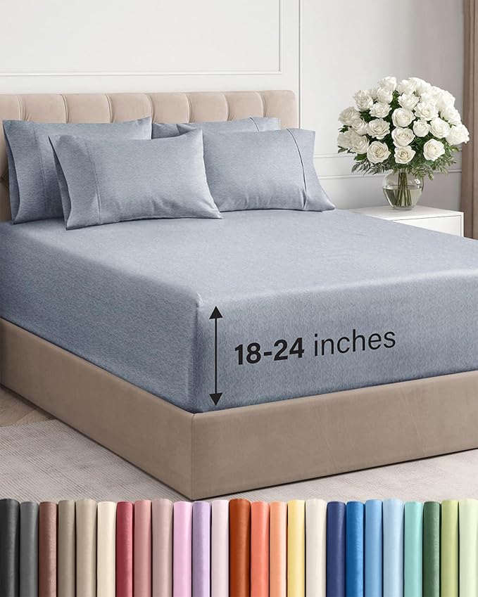 Extra Deep King Sheet Set - 6 Piece Breathable and Cooling Sheets - Hotel Luxury Bedding for Women, Men, Kids & Teens - Easy & Secure Fit - Soft and Wrinkle Free - Extra Deep Pockets - Heathered Blue