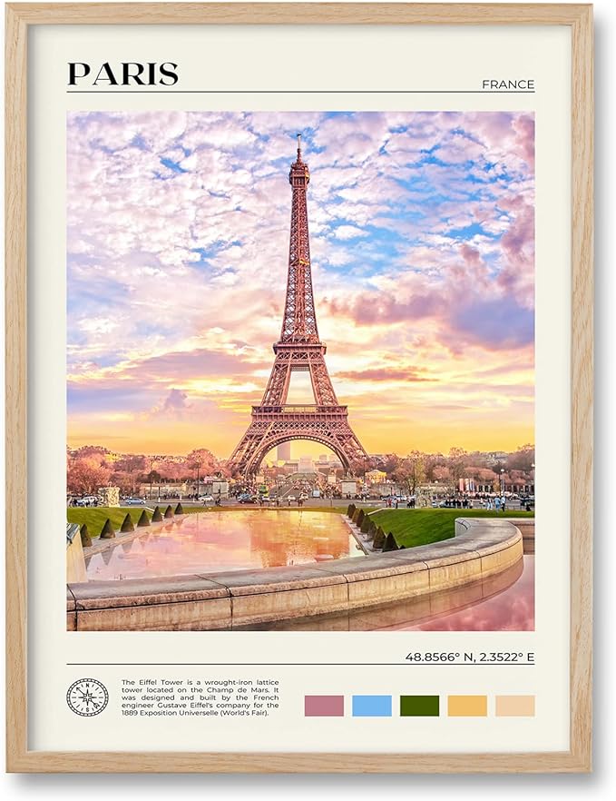 HesenDot Natural OAK Wood Framed Paris City Wall Art,12x16in Iconic Scenery Canvas Wall Print Posters,Classic Urban Landmark Wall Decor for Living Room,Bedroom,Office Gallery Set of 1