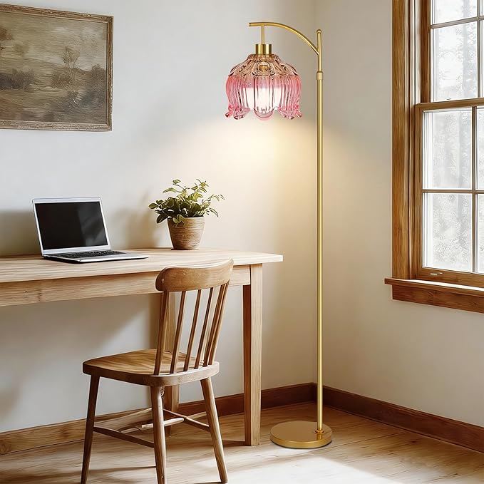 ILLMTW Pink Floor Lamp for Living Room,Bedroom,Glass Mid Century Modern Standing Lamp with Remote,Dimmable Gold Brass Tall Lamp Tulip Flower Arc Floor Light Boho Bohemian