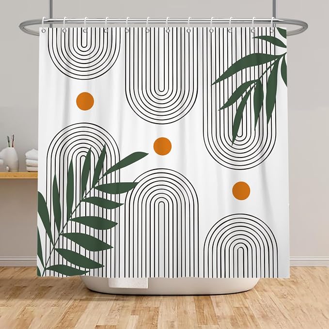Boho Mid Century Shower Curtain Bohemian Minimalist Geometric Arch Sun Bathroom Curtain Sage Green Plant Polyester Shower Curtain Sets for Bathroom Extra Long 72x96 in with 12 Hooks
