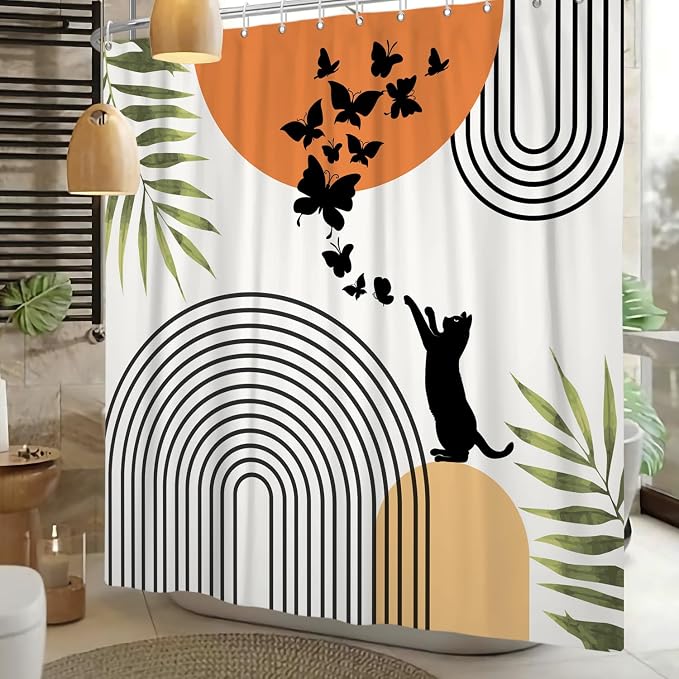 Mid Century Cat Shower Curtain Abstract Boho Geometric Minimalist Black Cat Butterflies Green Leaf Aesthetic Shower Curtain for Bathroom Decoration Accessories with Hooks 72x72 inch