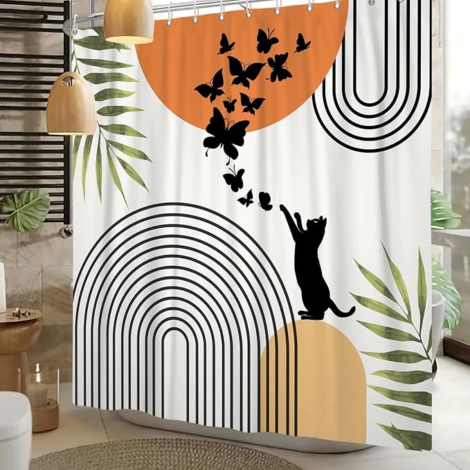 Mid Century Cat Shower Curtain Abstract Boho Geometric Minimalist Black Cat Butterflies Green Leaf Aesthetic Shower Curtain for Bathroom Decoration Accessories with Hooks 60x72 inch