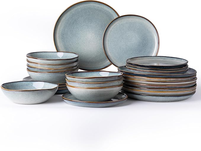 AmorArc Ceramic Dinnerware Sets,Handmade Reactive Glaze Stoneware Plates and Bowls Set,Highly Chip and Crack Resistant | Dishwasher & Microwave Safe,Service for 8 Dishes Set (24pc)