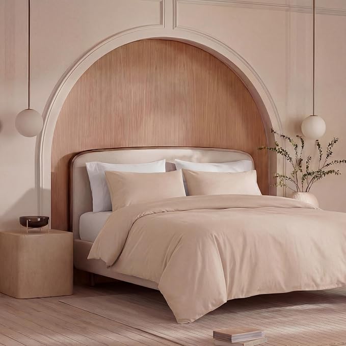 100% Washed Cotton Duvet Cover Queen Size – Sandy Beige, Linen-Like Texture, Super Soft & Breathable Bedding Set, 3-Piece Durable Percale Comforter Cover