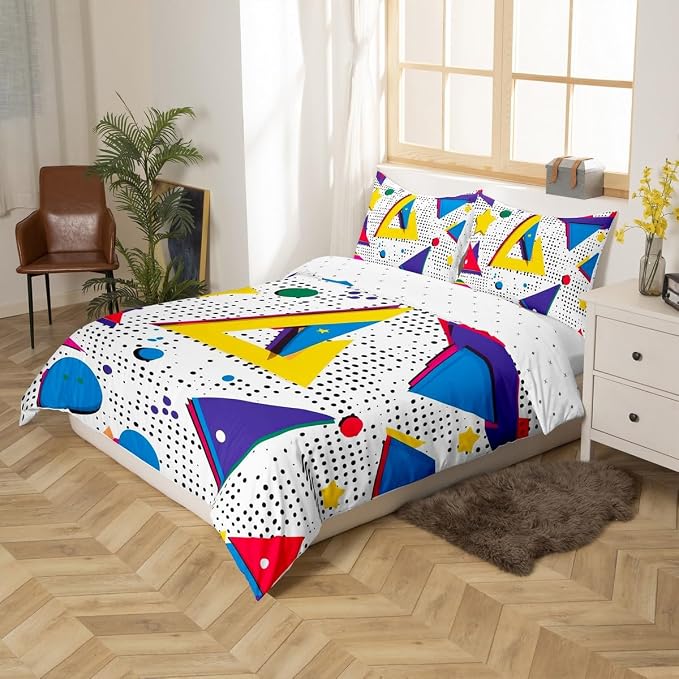 80s 90S Fashion Style Bedding Set Queen Size,Retro Memphis Style Pattern with Geometrical Shapes Duvet Cover for Kids Child,Funky Hipster Old Fashioned Comforter Cover Geometric Bedroom Decor