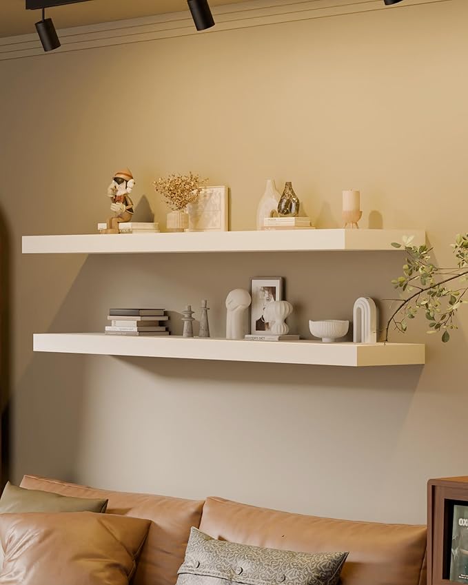 Floating Shelves for Wall, 12x60 Inch Extra Long White Wood Wall Mounted Shelves, Set of 2 with Invisible Brackets for Living Room, Bedroom, Kitchen, Modern Farmhouse Decor