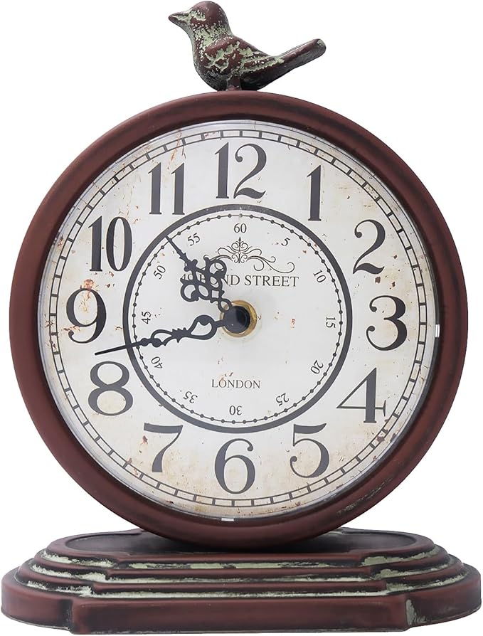 HZDHCLH Vintage Table Clock with Bird,Retro Mantel Clock Battery Operated,Metal Clock for Living Room Shelf Desk Table Fireplace Decor (Rufous)