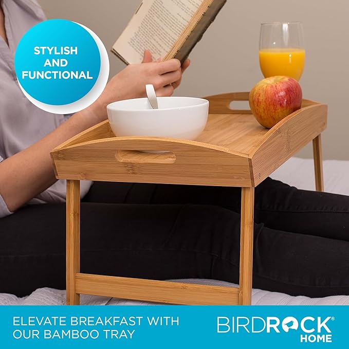 BirdRock Home Bamboo Bed Tray | Wooden Curved Sides Breakfast Serving Tray with Folding Legs | Natural