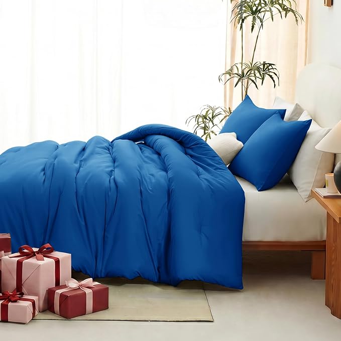 CozyLux King Size Comforter Set Classic Blue, 3 Pieces Lightweight Down Alternative Quilted Bedding Sets, All Season Soft Breathable Solid Comforter with 2 Pillowcases, Luxury Bed Set Gift for Home