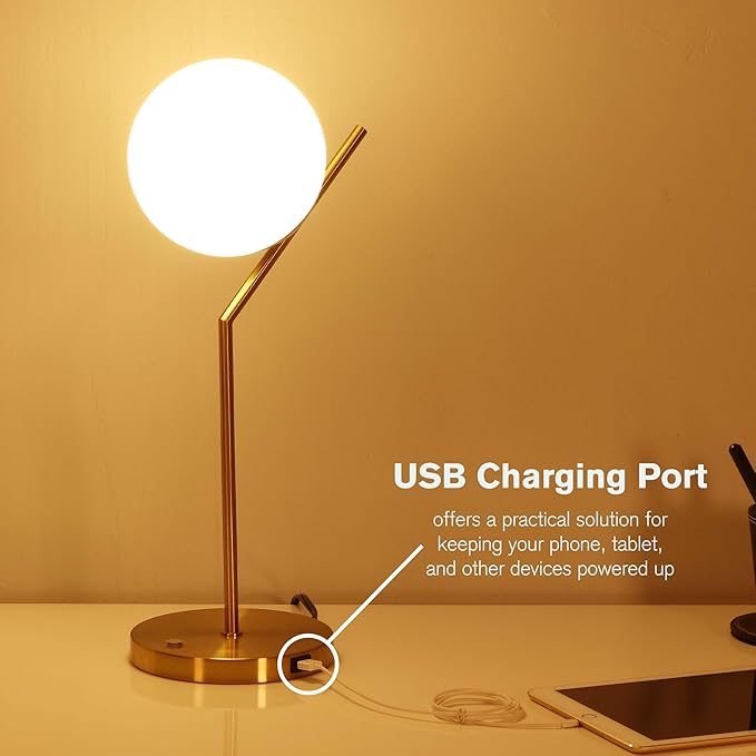 Ozarke Touch Glow Mid Century Modern Control Globe Table Lamp with USB Charging Port for Home Decor, Bedrooms, Living Room & Office, ETL Listed Dimmable Warm 2700K - Brass Gold