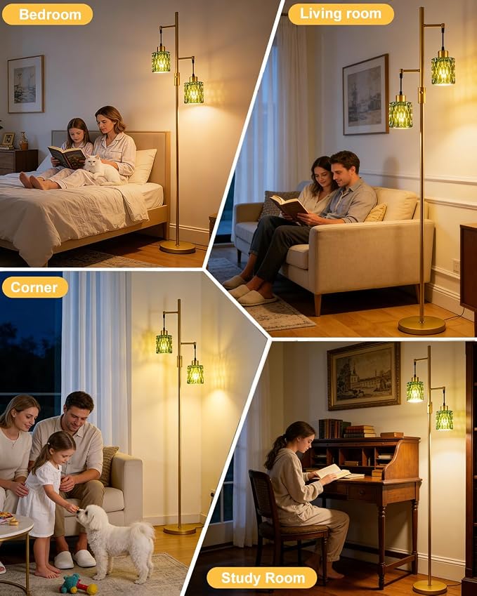 65IN Glass Floor Lamp, 2-Light Gold Tall Standing Lamps Dimmable with Green Glass Lampshade, 3000K Warmwhite Mid Century Modern Floor Lamp with 5Lbs Heavy Base for Living Room/Bedroom/Corner