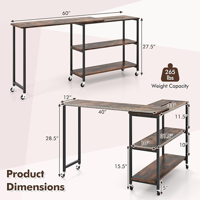 Giantex 360 Rotating End Table, Large Rustic Brown Walnut & Alloy Steel, 40" X 12", 2-Tier Storage Shelves, 265 lbs Weight Capacity