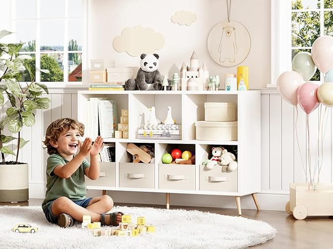 7-Cube Storage Organizer with Natural Wood Legs, Mid-Century Modern Bookcase and Display Cabinet, Freestanding Toy Storage Bookshelf for Living Room, Kids Room and Bedroom, White
