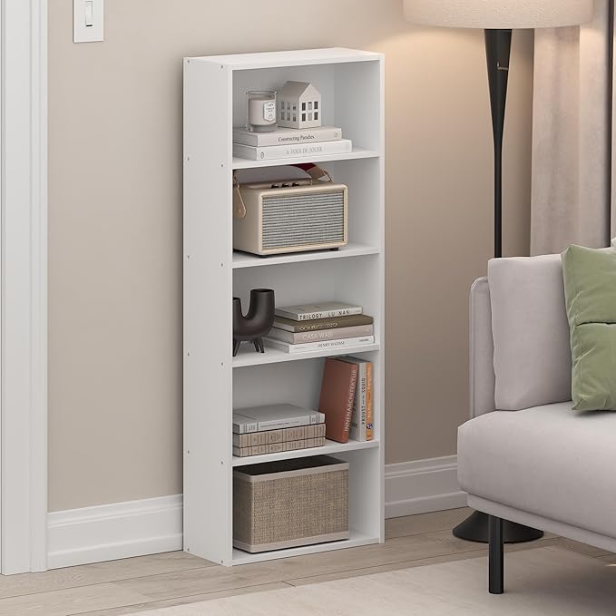 Furinno Basic Book Shelf, 5-Tier Bookshelf, Storage Organizer Bookcase with Open Shelf, 7 x 17 x 44, for Living Room, Bedroom, Home Office, White
