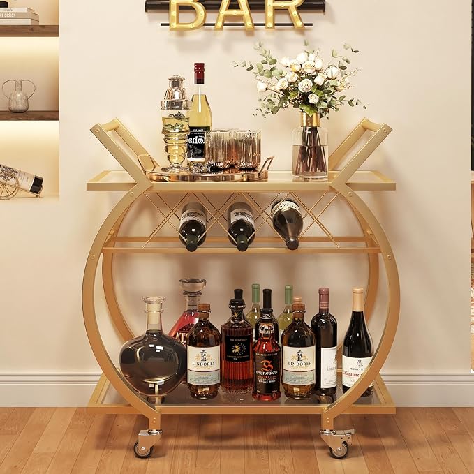 LVB Gold Bar Cart with Glass, Bar Cart with Wheels, Wine Cart with 2 Tier Storage Glass Shelves Home Bar Serving Cart with Wine Rack, Liquor Cart for Kitchen, Bar, Dinning Room