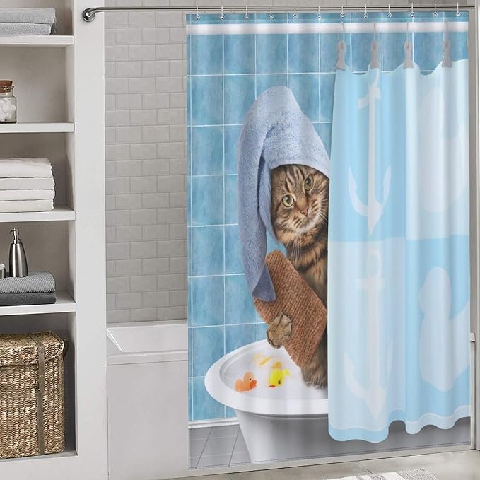 Cat Shower Curtain Funny Cat Taking Pattern Duty Fabric Shower Curtains Set Bathroom Polyester Waterproof with 12 Hooks, 55x72Inch（140x183cm）