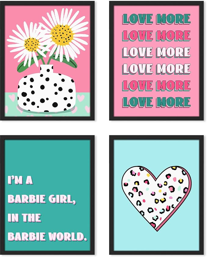 SIGNWIN Framed I'm a Barbie Girl in The Barbie World Wall Art, Set of 4 Heart, Chrysanthemum Illustration Wall Decor Prints, Preppy Room Decor Wall Décor for Living Room, Bedroom - 12"x16" Black