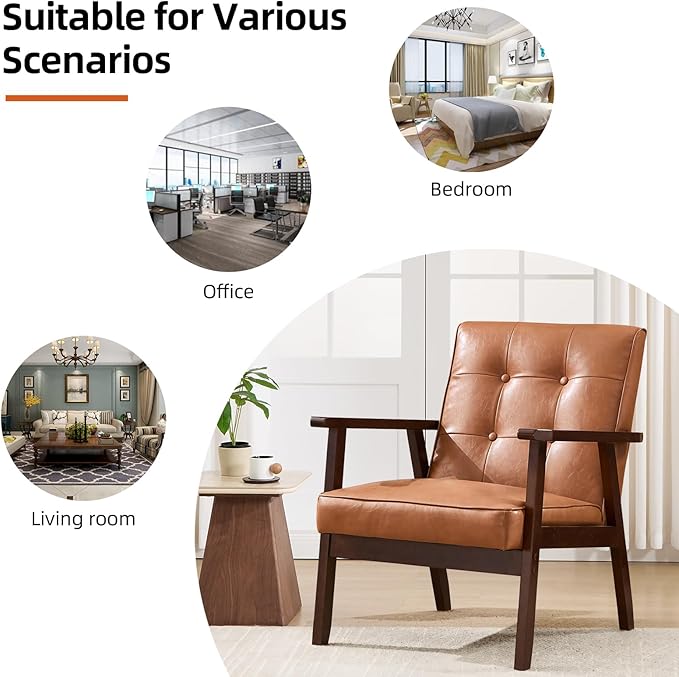 IOMOR Accent Chair Mid Century Modern Chair for Living Room, Comfy Faux Leather Armchair with Solid Wood Frame Soft Thick Padded, Side Chairs Easy Assembly Set of 2, Brown