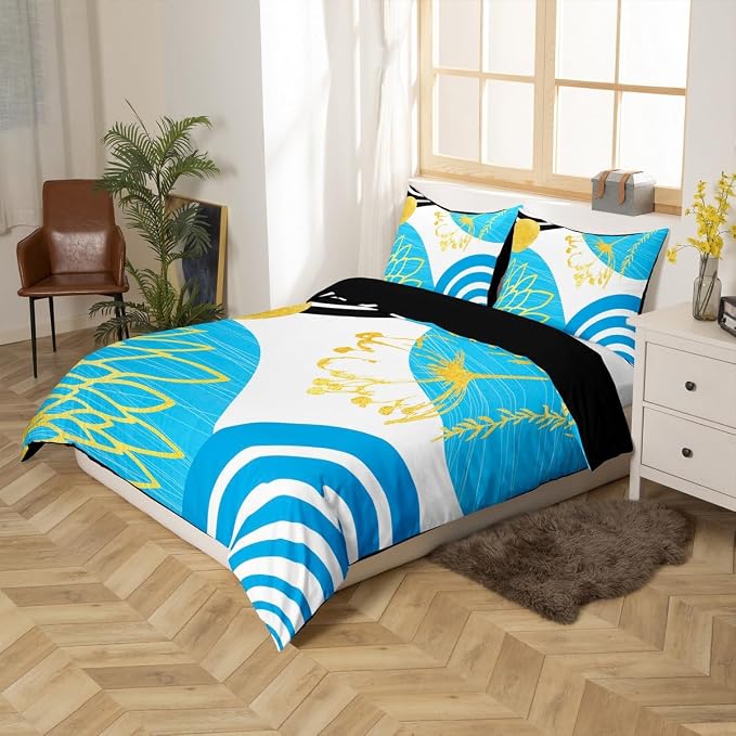 Erosebridal Sky Blue Boho Modern Duvet Cover King Size for Women Men Adults - Mid Century Abstract Comforter Cover Bohemian Geometric Bedding Set Chic Contemporary Stripes Bed Set