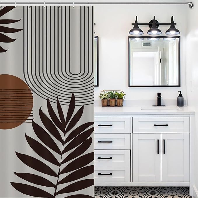 Mid Century Abstract Boho Shower Curtain Geometric Neutral Beige Modern Leaf Plant Semicircle Art Waterproof Shower Curtains for Bathroom Decor 12 Pack Hooks 72x72in (183x183cm)