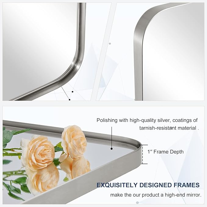 ANDY STAR Brushed Nickel Bathroom Mirror, 24”x40” Rounded Corner Rectangle Mirror, Modern Metal Frame Bathroom Vanity Mirror