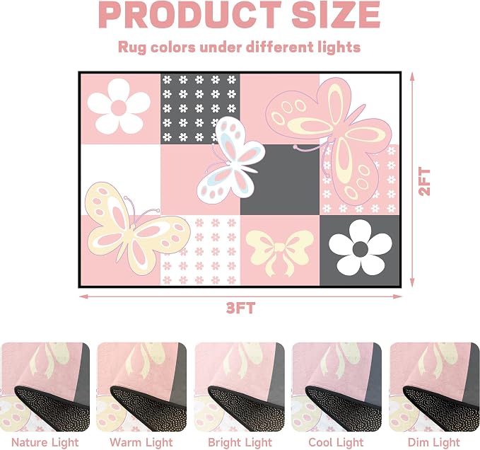 2'x3' Butterfly Area Rug Pink Butterfly Checkered Rugs for Entryway Bedroom Living Room Kitchen Home Decor Cute Flower Carpet Washable Non Slip Floor Mat