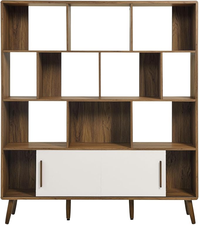 Modway Transmit 14 Shelf Bookcase with Sliding Doors in Walnut Linen - 59 Inch Wood Mid-Century Modern Bookshelf - 4 Tier Wide Open Display Storage Cabinet for Living Room, Office, Hallway