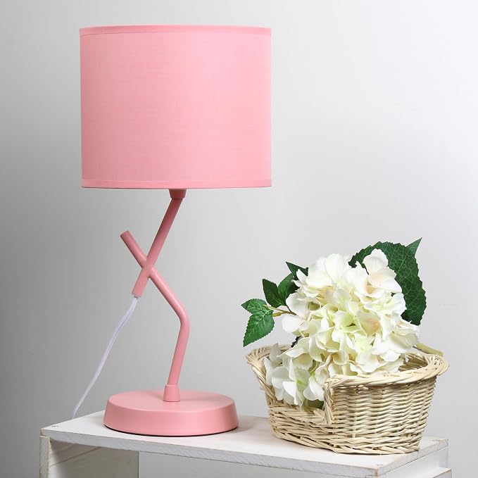 Simple Designs LT1172-PNK 17.13" Metal and Modern Abstract Table Lamp with Drum Fabric Shade, Bedroom, Office, Living Room, Dorm, Side Table, Pink