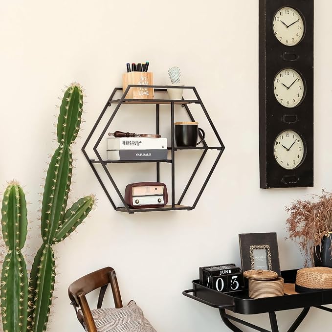 Industrial Style Hexagon-Shaped Wall Shelves, 3 Tier Decorative Floating Ledge Shelves, Wall Mounted Metal Bracket Wooden Display Hanging Shelf