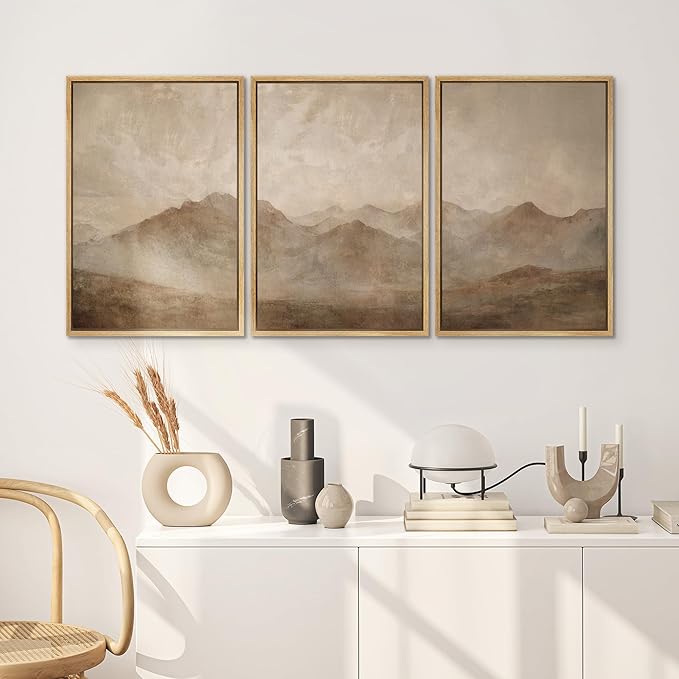 SIGNWIN Framed Canvas Print Wall Art Set Minimal Mountain Landscape Neutral Illustrations Modern Art Decorative Boho Relax/Zen Nordic for Living Room, Bedroom, Office - 24"x36"x3 Natural