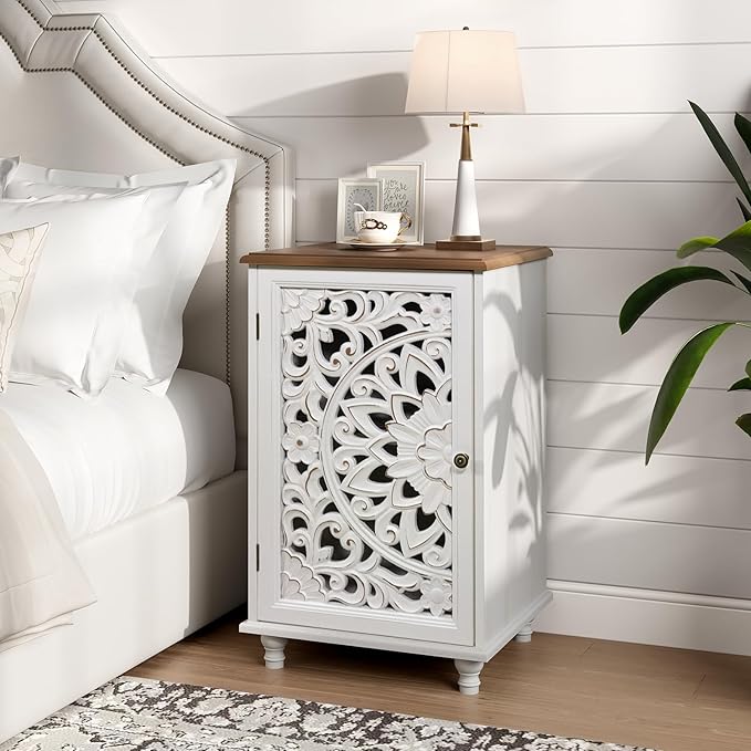 Small Accent Cabinet with Carved Mandala Door, White Storage Cabinet with Solid Wood Legs & Adjustable Shelf, Boho Distressed End Table for Living Room, Bedroom, Entryway Side Table