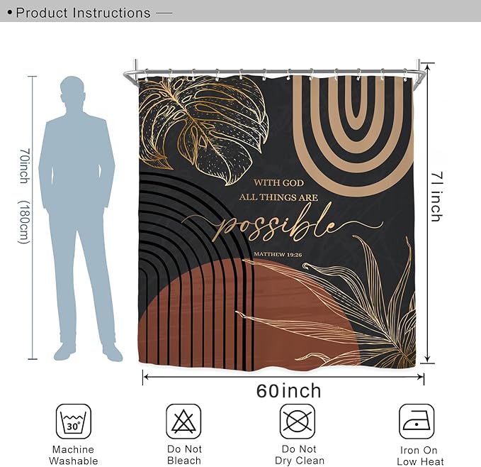 Miyotaa Modern Abstract Shower Curtain Set 60Wx71H Inches Black Burnt Orange Minimalist Aesthetic Contemporary Quotes Inspirational Plant Polyester Waterproof Bathroom Curtain with 12 Hooks