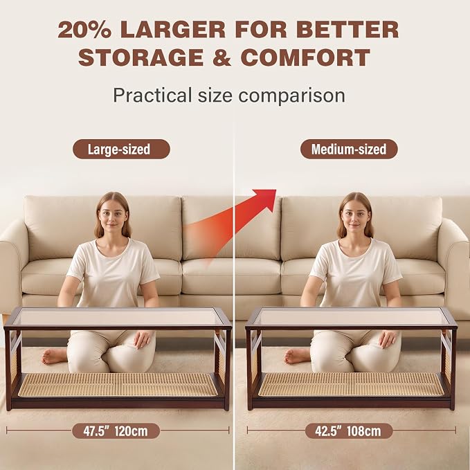 Welnow Rattan Coffee Table for Living Room, Modern 2-Tier Rectangle Center Table with Storage Shelf and Glass Top, Mid-Century Boho Furniture for Apartment, 47.5" Walnut
