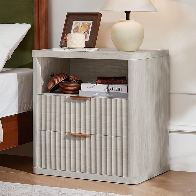 LEYAOYAO Fluted Nightstand with Charging Station, 23" Wide 2 Drawers Night Stand,LightGrey End Table with Open Storage,Farmhouse Bed Side Tables, Wood Dresser for Bedroom, Living Room, Closet