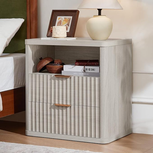 LEYAOYAO Fluted Nightstand with Charging Station, 23" Wide 2 Drawers Night Stand,LightGrey End Table with Open Storage,Farmhouse Bed Side Tables, Wood Dresser for Bedroom, Living Room, Closet