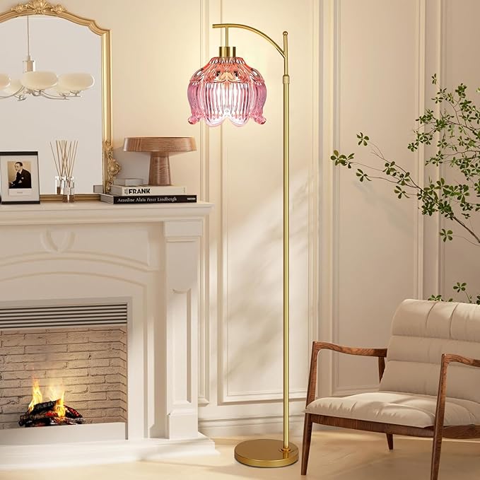 Pink Floor Lamp for Living Room,Bedroom,Glass Mid Century Modern Standing Lamp with Remote,Dimmable Gold Brass Tall Lamp Tulip Flower Arc Floor Light Boho Bohemian