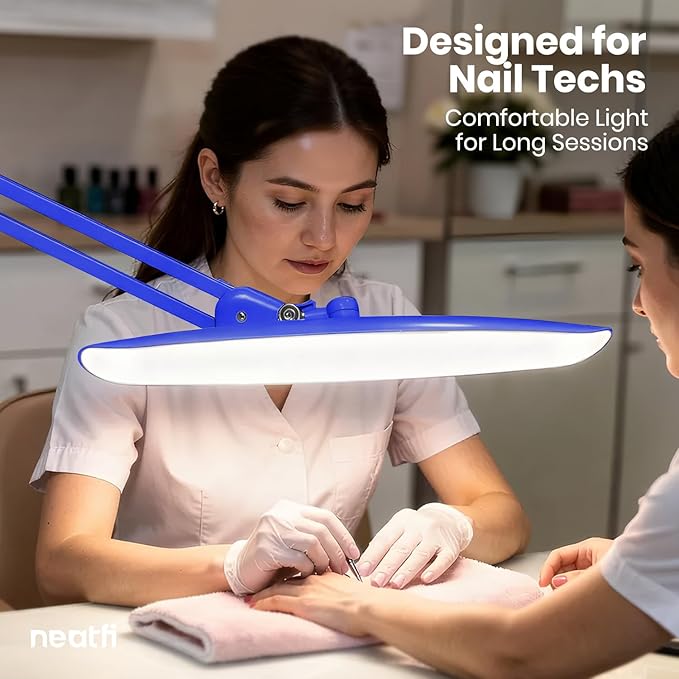 Neatfi XL Nail Desk Lamp with Clamp, 2200 Lumens, 20-Inch Wide Head, Dimmable 4 Levels, 6500K, LED Task Light for Manicure Table, Crafts, Workbench, Office (Non-CCT, Sapphire Blue)