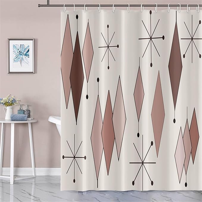 Mid Century Shower Curtain Abstract Light Brown Diamond Geometric Atomic Starburst Pattern Beige Backdrop for 1950s Retro Bathroom Decor Shower Curtain Set with 12 Hooks, 72x78 Inches