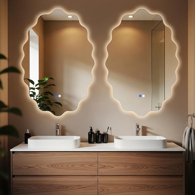 Oval Wavy Led Bathroom Mirror- Vanity Mirror with Lights IP54 Enhanced Anti-Fog,Single Piece 22"x30" 3 Colors Dimmable, Memory,Tempered Glass,UL Listed